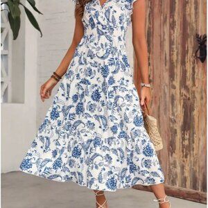 Brand New Never Worn Blue and White Floral Shirred Waist Dress
